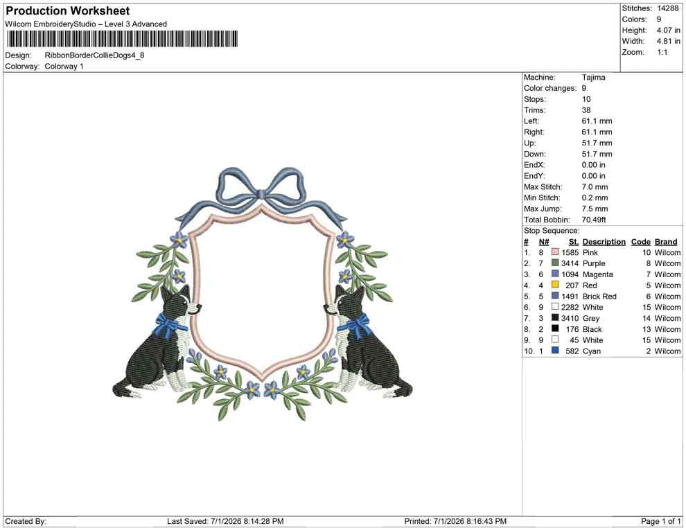 Production worksheet for 4.8-inch Border Collie dogs in a floral bow crest embroidery design