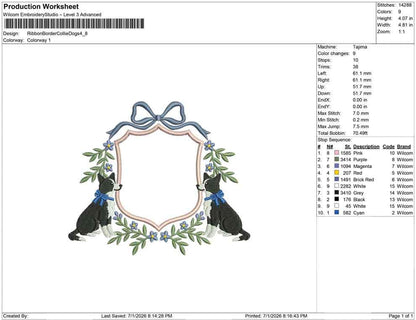 Production worksheet for 4.8-inch Border Collie dogs in a floral bow crest embroidery design