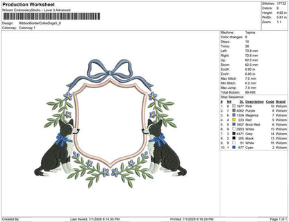 Production worksheet for 5.8-inch Border Collie dogs in a floral bow crest embroidery design