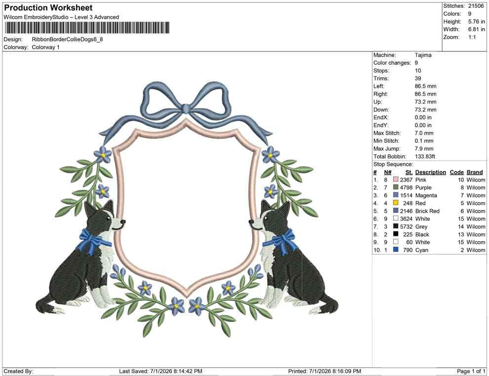 Production worksheet for 6.8-inch Border Collie dogs in a floral bow crest embroidery design