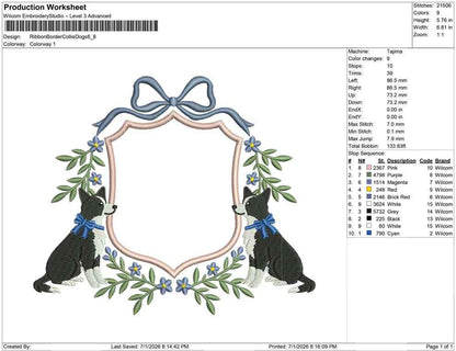 Production worksheet for 6.8-inch Border Collie dogs in a floral bow crest embroidery design