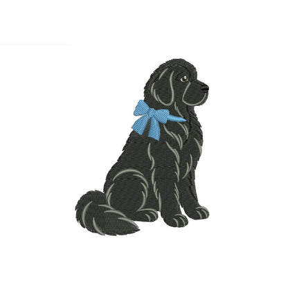 black Newfoundland dog with blue bow machine embroidery design preview
