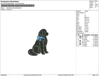 Production worksheet for 3-inch black Newfoundland dog with blue bow embroidery design