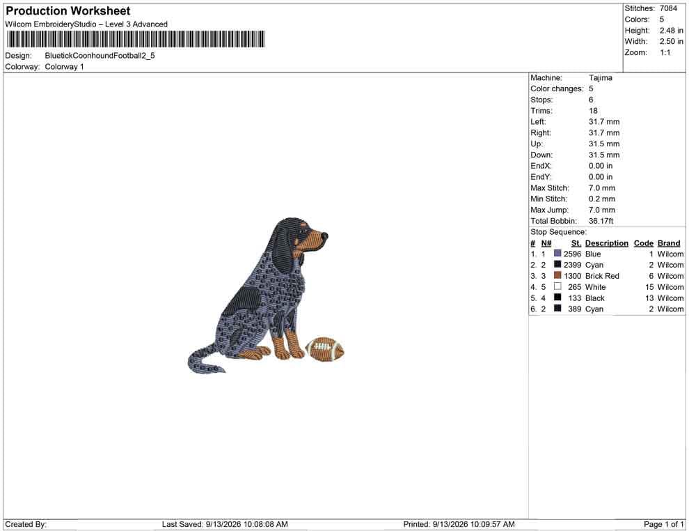 Production worksheet for 2.5-inch Bluetick Coonhound with football embroidery design