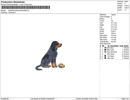 Production worksheet for 2.5-inch Bluetick Coonhound with football embroidery design