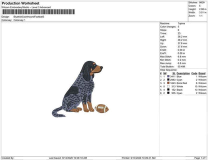 Production worksheet for 3-inch Bluetick Coonhound with football embroidery design