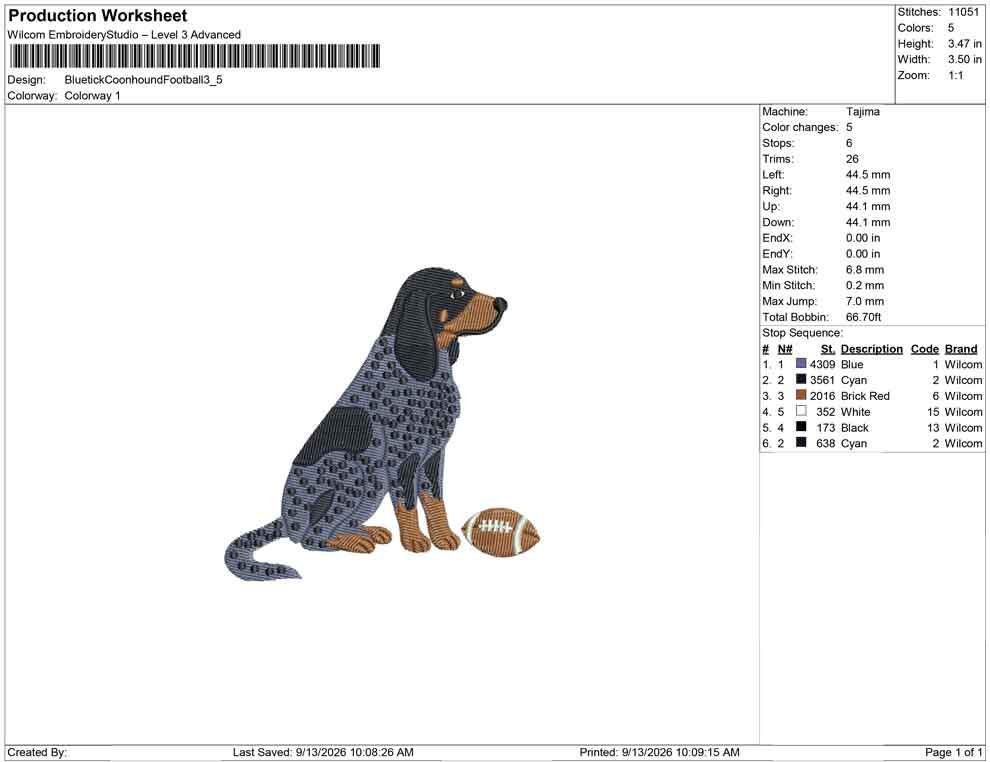 Production worksheet for 3.5-inch Bluetick Coonhound with football embroidery design