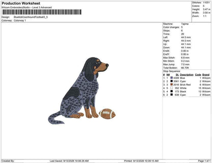 Production worksheet for 3.5-inch Bluetick Coonhound with football embroidery design