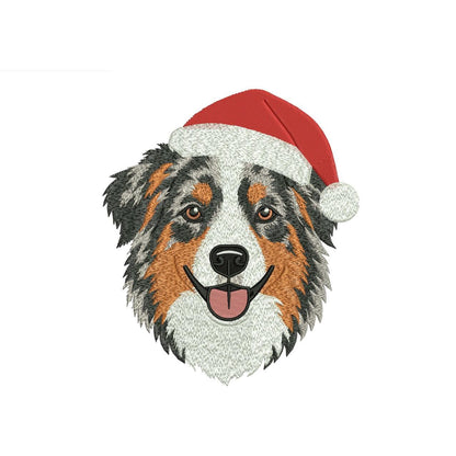 Australian Shepherd wearing a Santa hat machine embroidery design preview