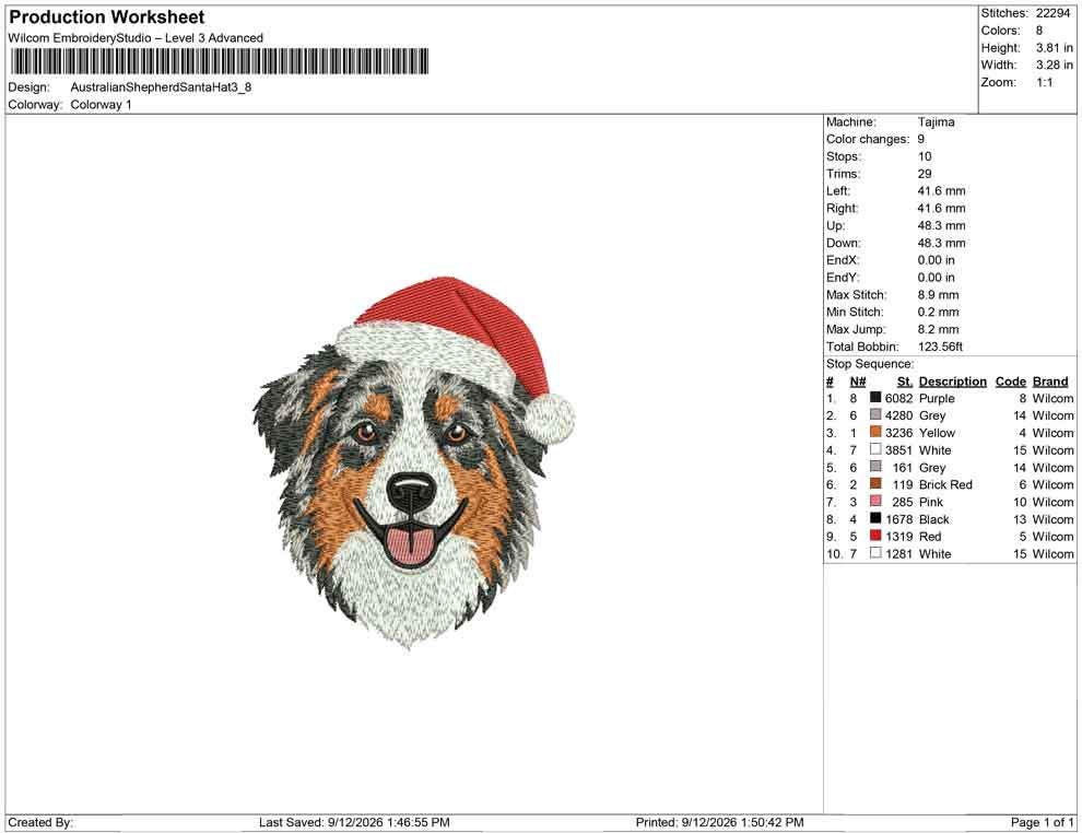 Production worksheet for 3.8-inch Australian Shepherd wearing a Santa hat embroidery design