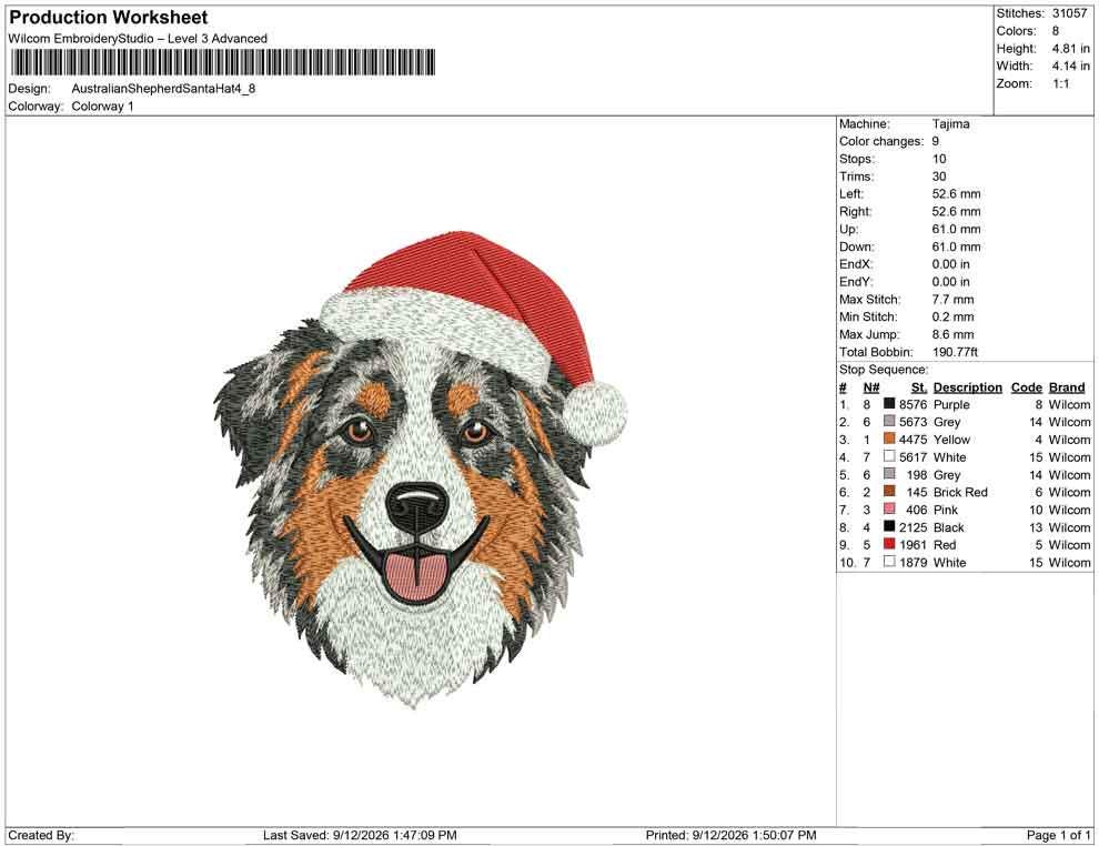 Production worksheet for 4.8-inch Australian Shepherd wearing a Santa hat embroidery design
