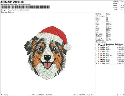 Production worksheet for 4.8-inch Australian Shepherd wearing a Santa hat embroidery design