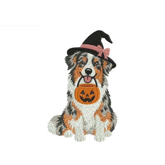 Australian Shepherd witch with pumpkin pail machine embroidery design preview