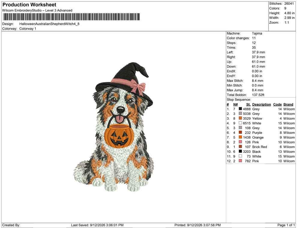 Production worksheet for 4.8-inch Australian Shepherd witch with pumpkin pail embroidery design