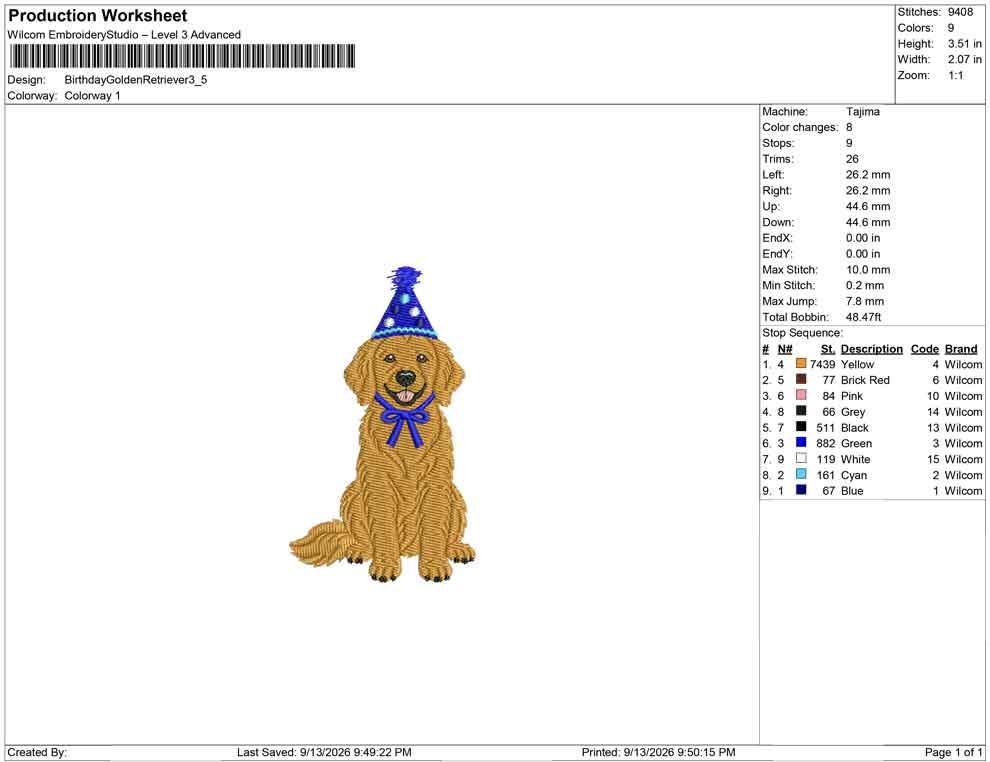 Production worksheet for 3.5-inch Golden Retriever wearing a birthday hat and bow embroidery design