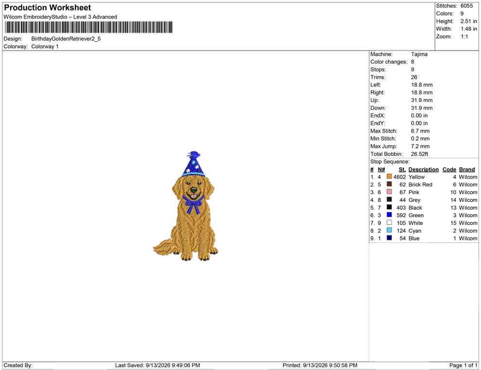 Production worksheet for 4-inch Golden Retriever wearing a birthday hat and bow embroidery design
