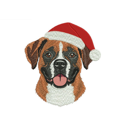Boxer dog wearing a Santa hat machine embroidery design preview