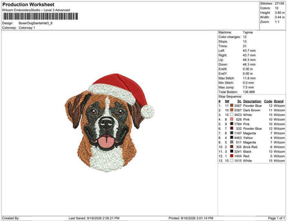 Production worksheet for 3.8-inch Boxer dog wearing a Santa hat embroidery design