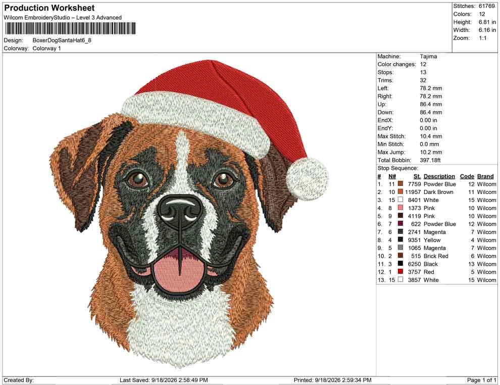 Production worksheet for 6.8-inch Boxer dog wearing a Santa hat embroidery design