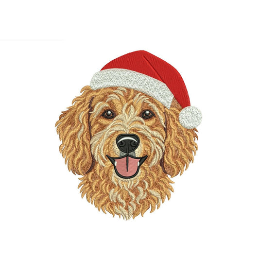 Goldendoodle wearing a Santa hat machine embroidery design preview