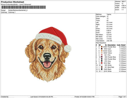 Production worksheet for 4.8-inch Golden Retriever wearing a Santa hat embroidery design