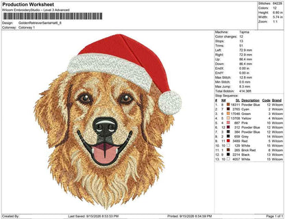Production worksheet for 6.8-inch Golden Retriever wearing a Santa hat embroidery design