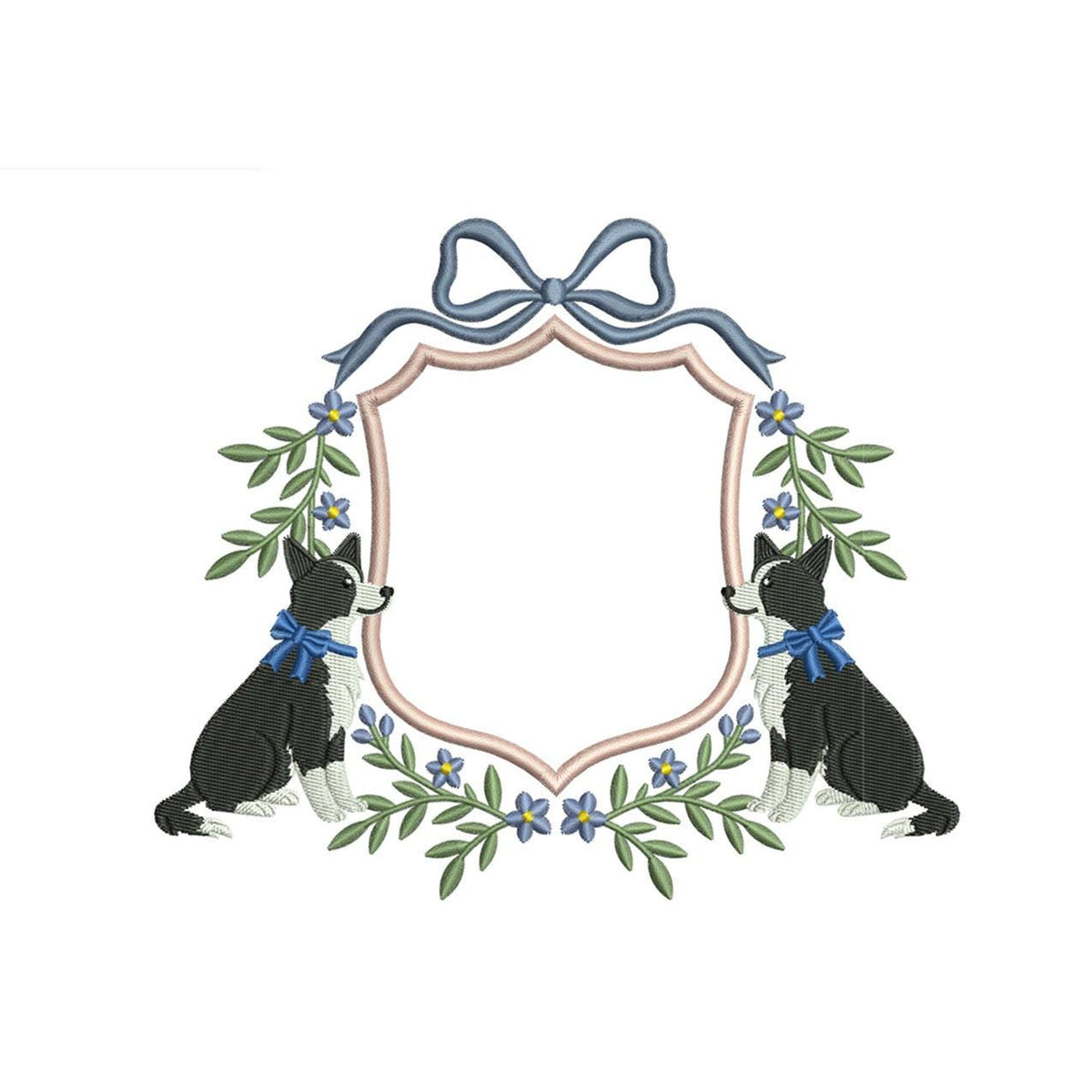 Border Collie dogs in a floral bow crest machine embroidery design preview