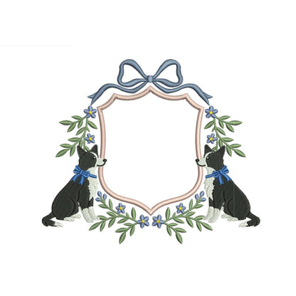 Border Collie dogs in a floral bow crest machine embroidery design preview