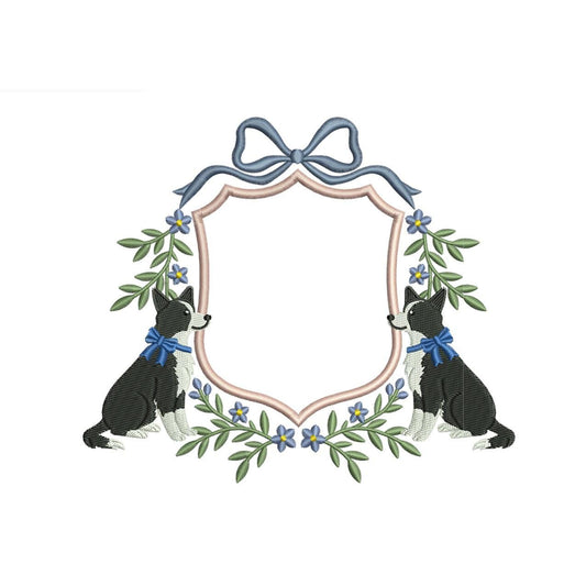 Border Collie dogs in a floral bow crest machine embroidery design preview