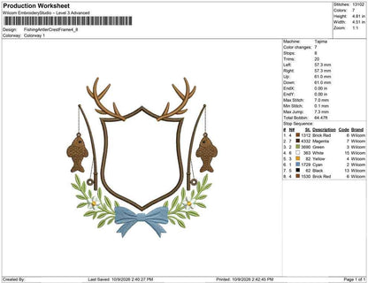Fishing Antler Crest Embroidery Design: Fishing Rod and Fish Frame Machine Embroidery File (Digital Download)