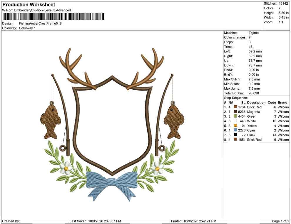 Fishing Antler Crest Embroidery Design: Fishing Rod and Fish Frame Machine Embroidery File (Digital Download)