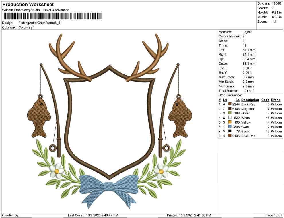 Fishing Antler Crest Embroidery Design: Fishing Rod and Fish Frame Machine Embroidery File (Digital Download)
