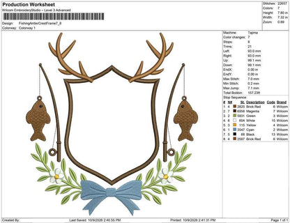 Fishing Antler Crest Embroidery Design: Fishing Rod and Fish Frame Machine Embroidery File (Digital Download)