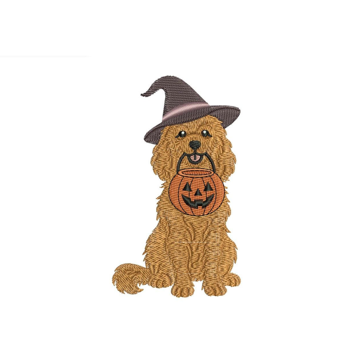 Goldendoodle witch with pumpkin trick-or-treat pail machine embroidery design preview