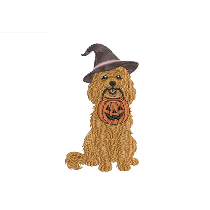 Goldendoodle witch with pumpkin trick-or-treat pail machine embroidery design preview