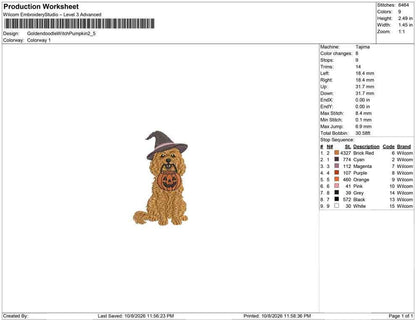Production worksheet for 2.5-inch Goldendoodle witch with pumpkin trick-or-treat pail embroidery design