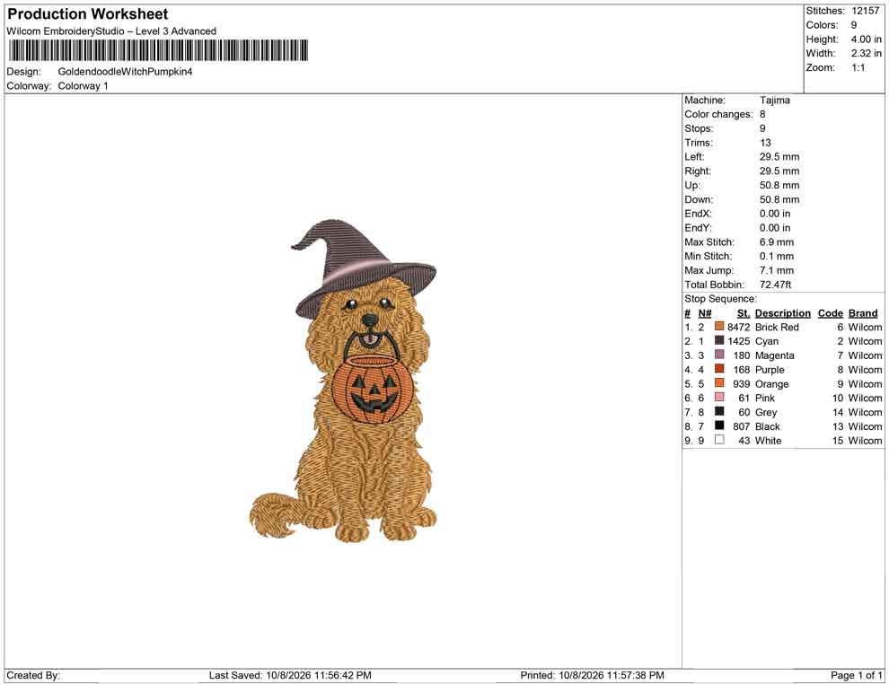 Production worksheet for 4-inch Goldendoodle witch with pumpkin trick-or-treat pail embroidery design