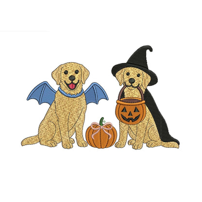 Golden Retriever Pair Embroidery Design - Witch Hat Dog Machine File