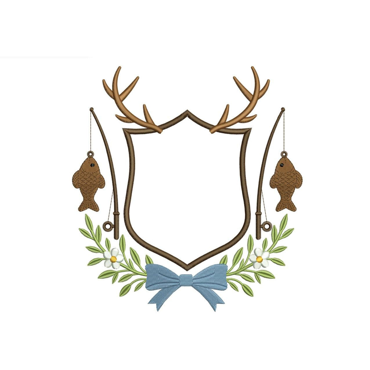 Fishing Antler Crest Embroidery Design: Fishing Rod and Fish Frame Machine Embroidery File (Digital Download)
