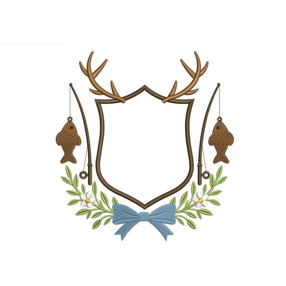 Fishing Antler Crest Embroidery Design: Fishing Rod and Fish Frame Machine Embroidery File (Digital Download)