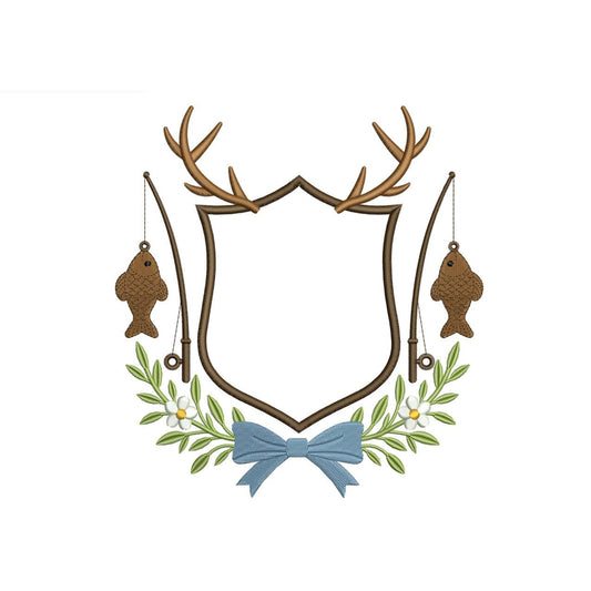 Fishing Antler Crest Embroidery Design: Fishing Rod and Fish Frame Machine Embroidery File (Digital Download)