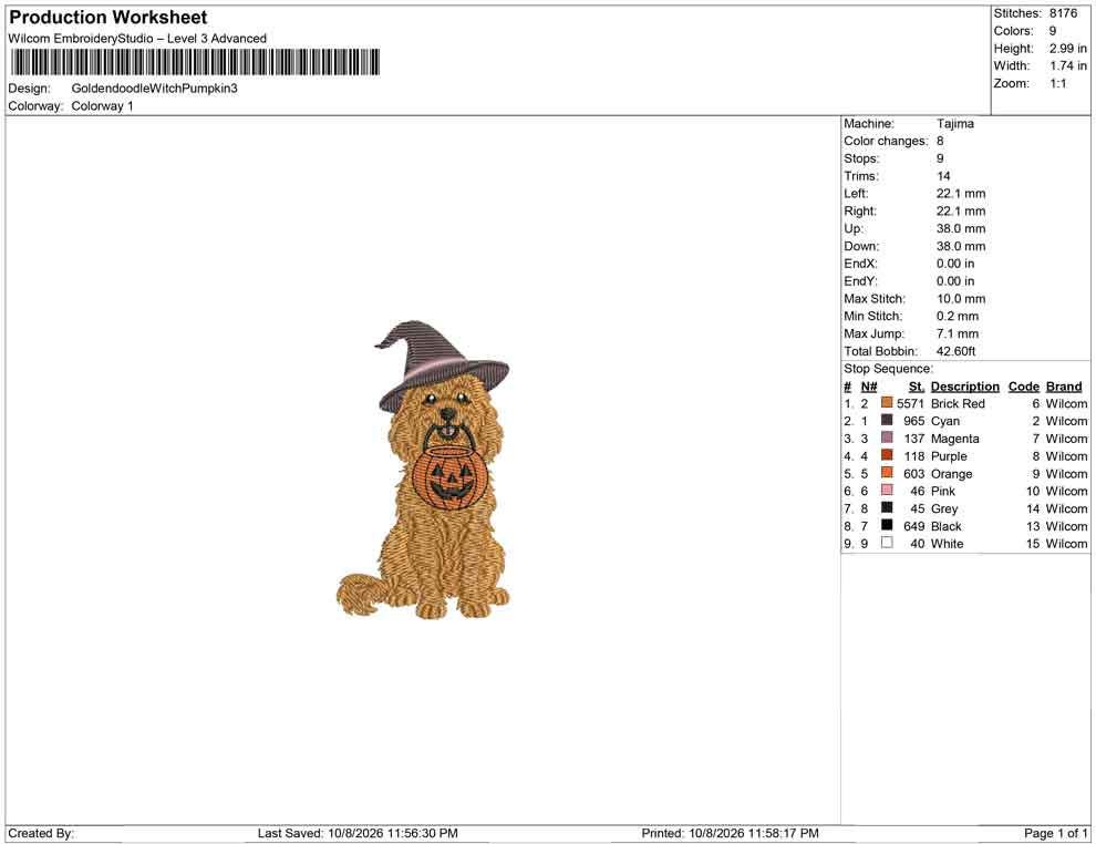 Production worksheet for 3-inch Goldendoodle witch with pumpkin trick-or-treat pail embroidery design