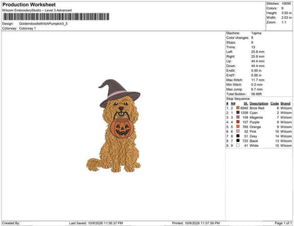 Production worksheet for 3.5-inch Goldendoodle witch with pumpkin trick-or-treat pail embroidery design